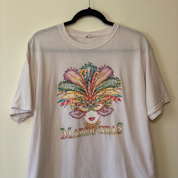 Mardigras Fruit of the Loom L short sleeve t-shirt feather mask party white - Picture 2 of 7